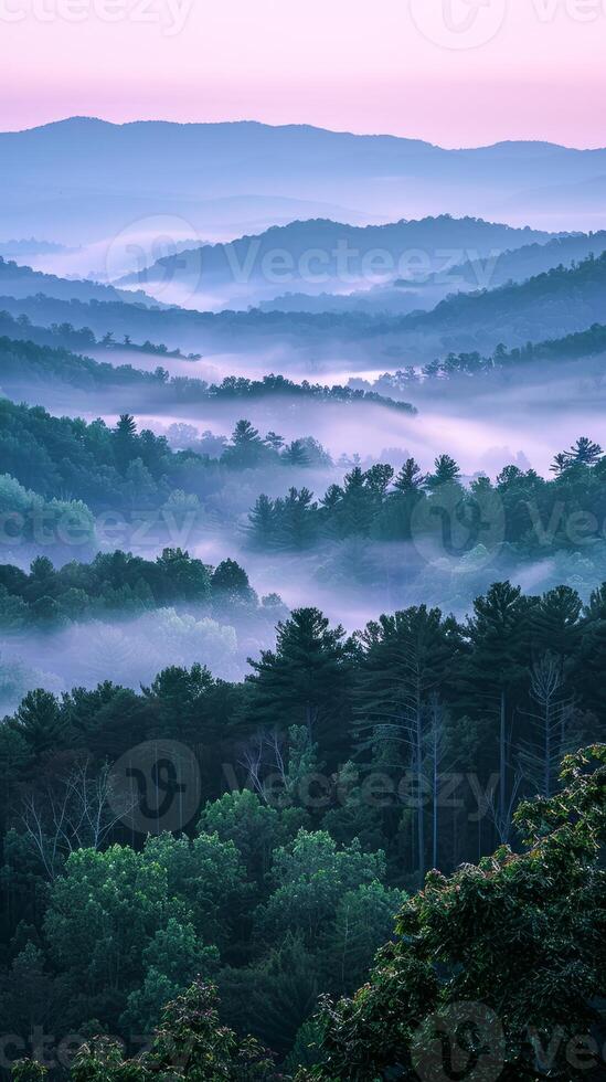 AI generated Misty Morning Over Verdant Forested Hills at Sunrise photo