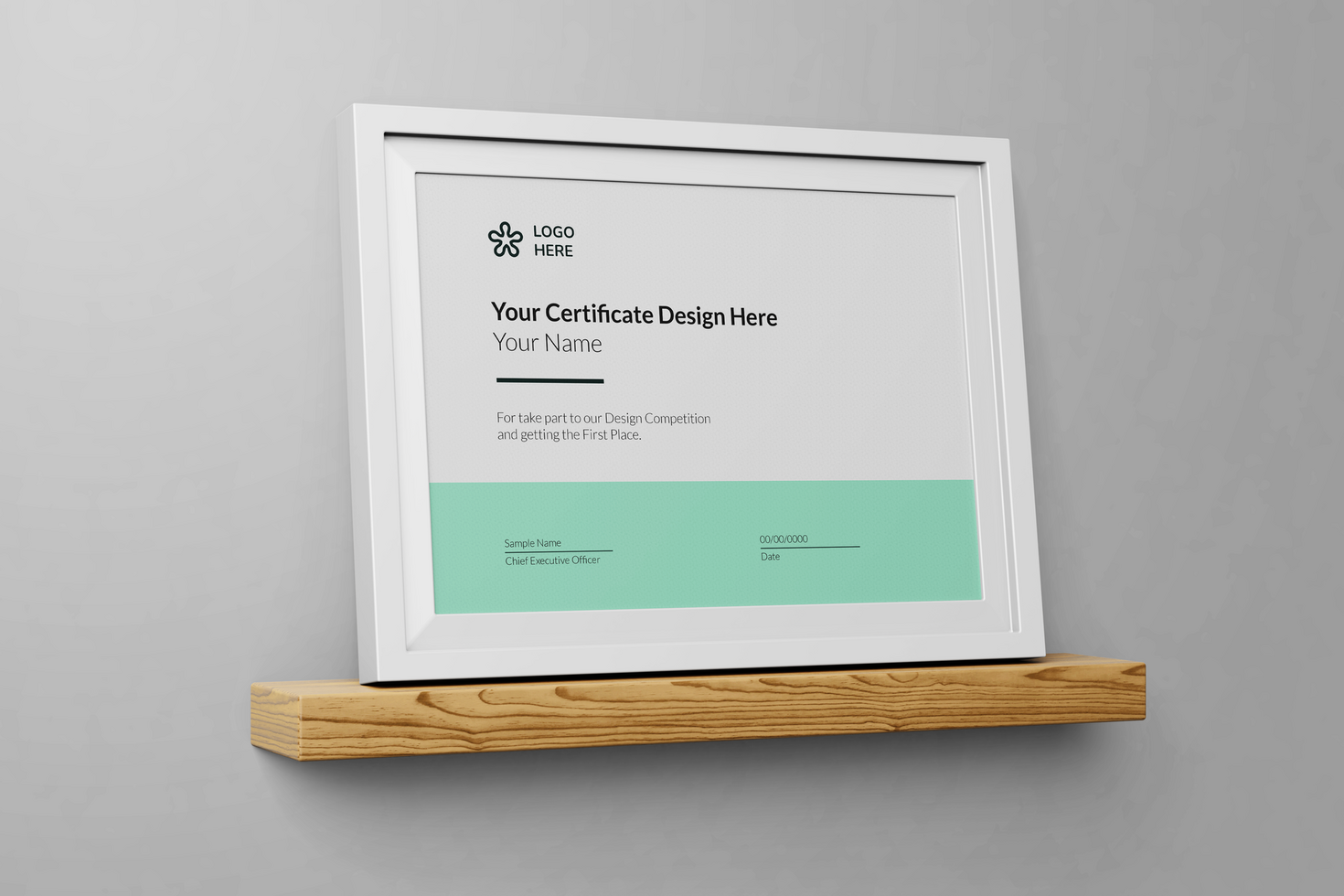 modern elegant a4 size paper landscape achievement certificate poster mockup design template with minimal frame on wooden shelf psd