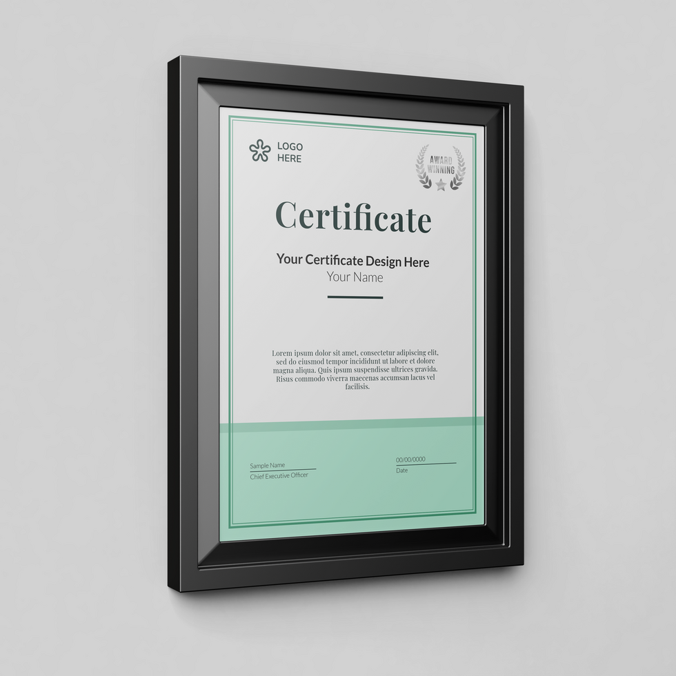 modern minimalist a4 size paper vertical achievement certificate realistic mockup template with elegant frame mounted on wall psd