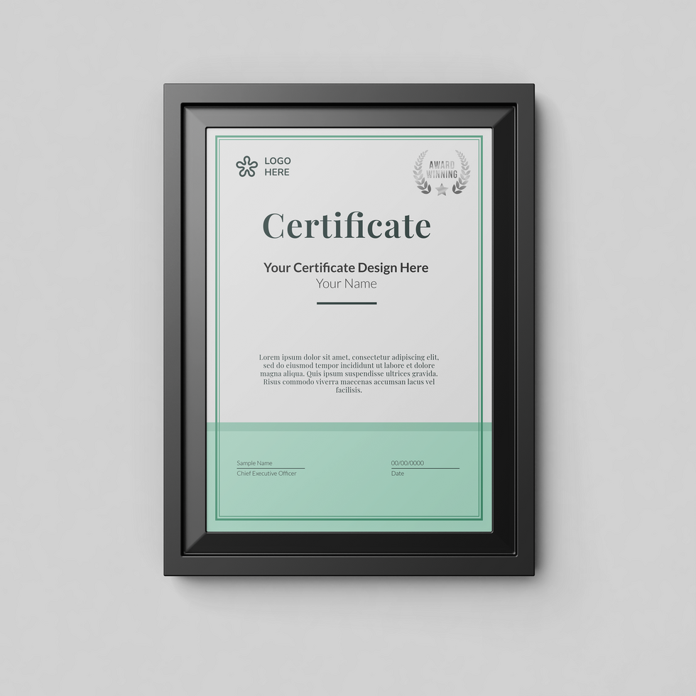 modern minimalist a4 size paper vertical achievement certificate realistic mockup template with elegant frame mounted on wall psd