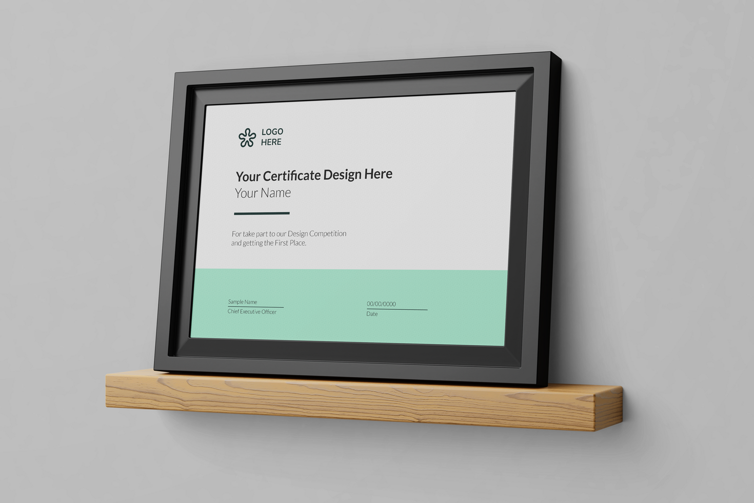 modern elegant a4 size paper landscape achievement certificate poster mockup design template with minimal frame on wooden shelf psd