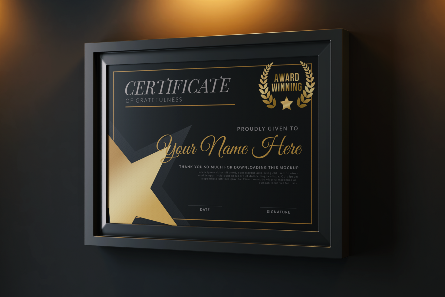modern minimalist a4 size paper landscape achievement certificate realistic mockup template with elegant frame mounted on wall warm light interior psd