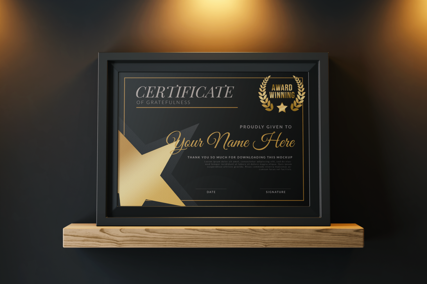 modern a4 size landscape achievement certificate paper mockup design template with minimal frame on wooden shelf in elegant interior psd