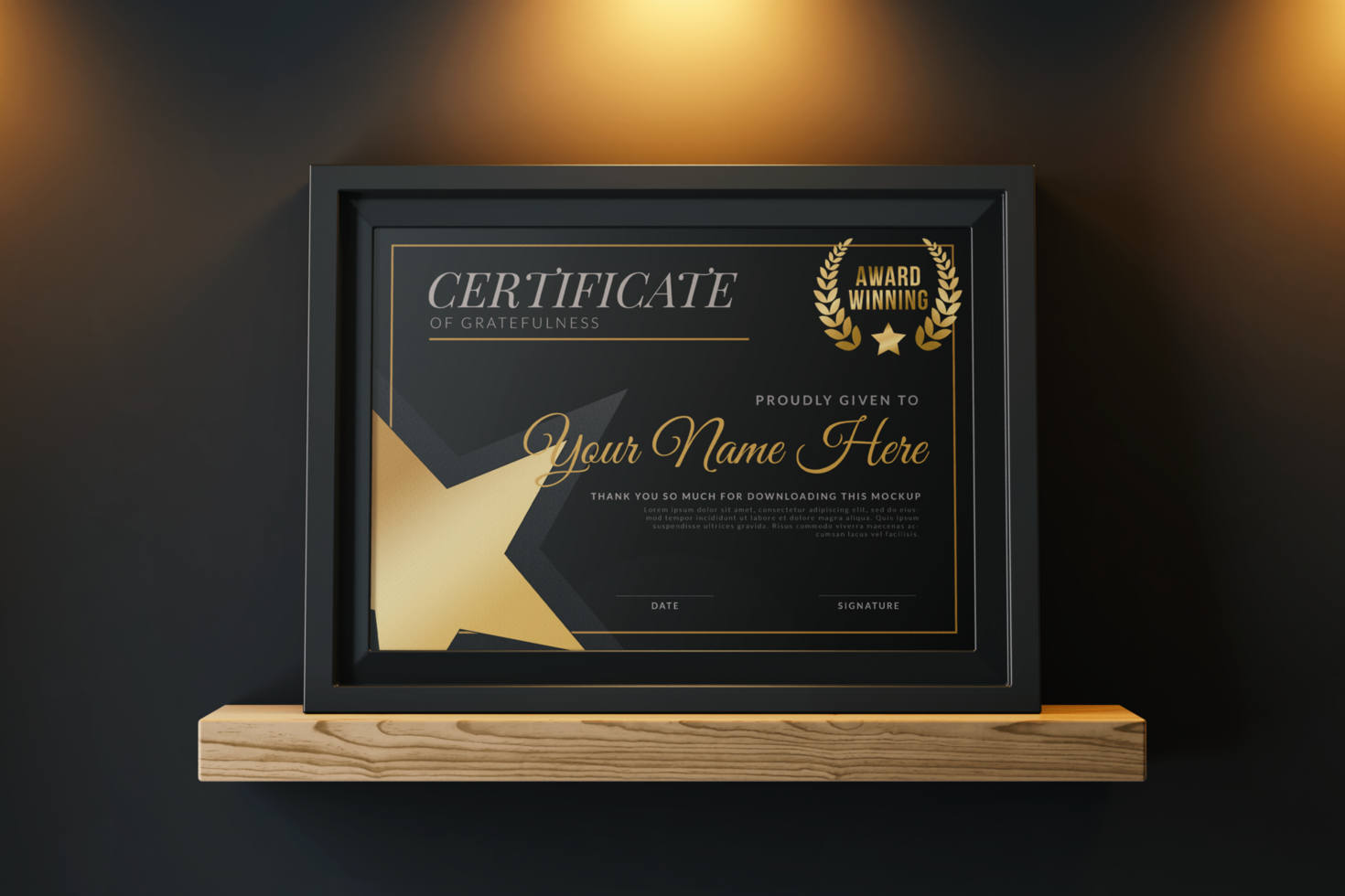 modern a4 grootte landschap prestatie certificaat papier mockup ontwerp sjabloon met minimaal kader Aan houten plank in elegant interieur psd