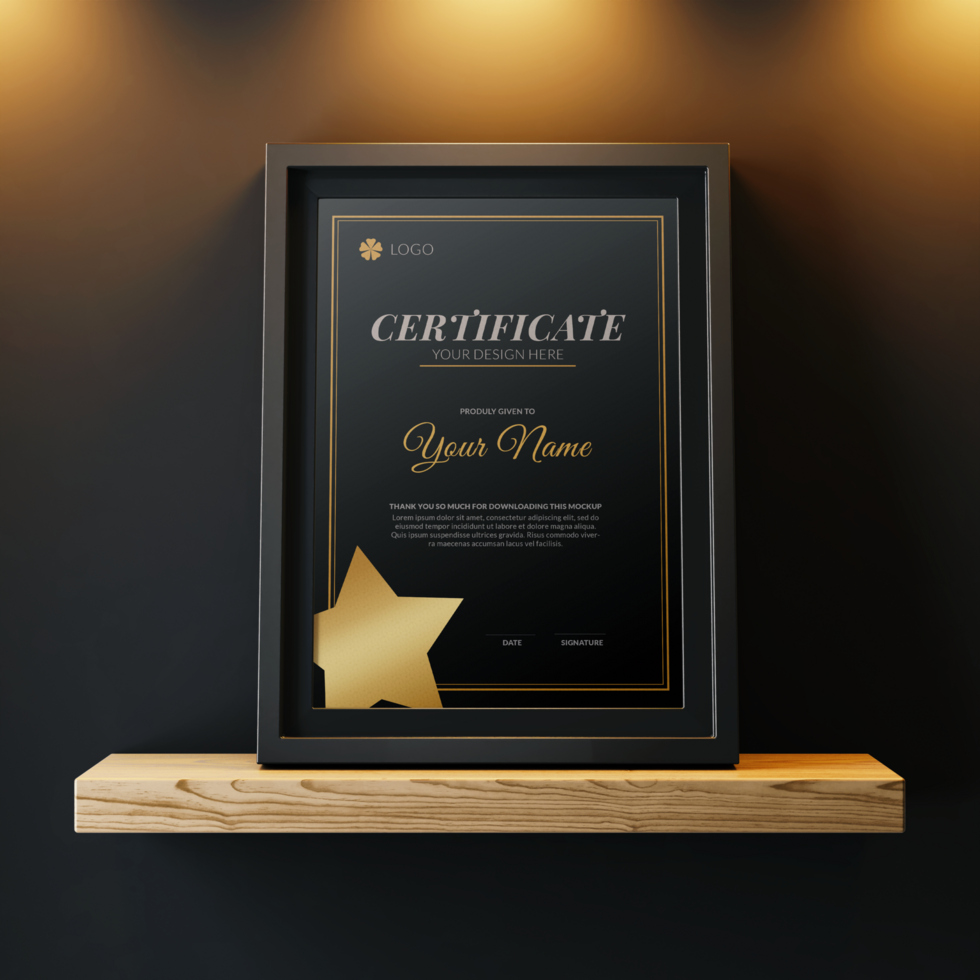modern elegant a4 size paper vertical achievement certificate poster mockup design template with minimal frame on mounted display wooden shelf psd