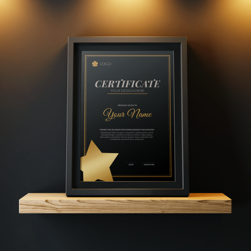 modern elegant a4 grootte papier verticaal prestatie certificaat poster mockup ontwerp sjabloon met minimaal kader Aan gemonteerd Scherm houten plank psd