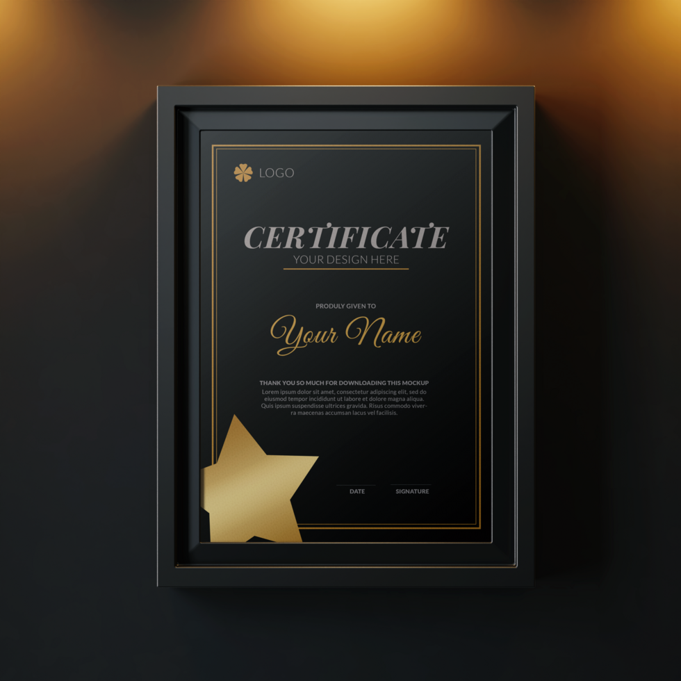 modern minimalistische a4 grootte papier verticaal prestatie certificaat realistisch mockup sjabloon met elegant kader gemonteerd Aan muur in elegant interieur psd