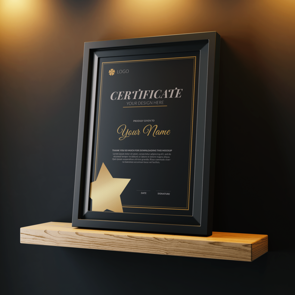 modern elegant a4 size paper vertical achievement certificate poster mockup design template with minimal frame on mounted display wooden shelf psd