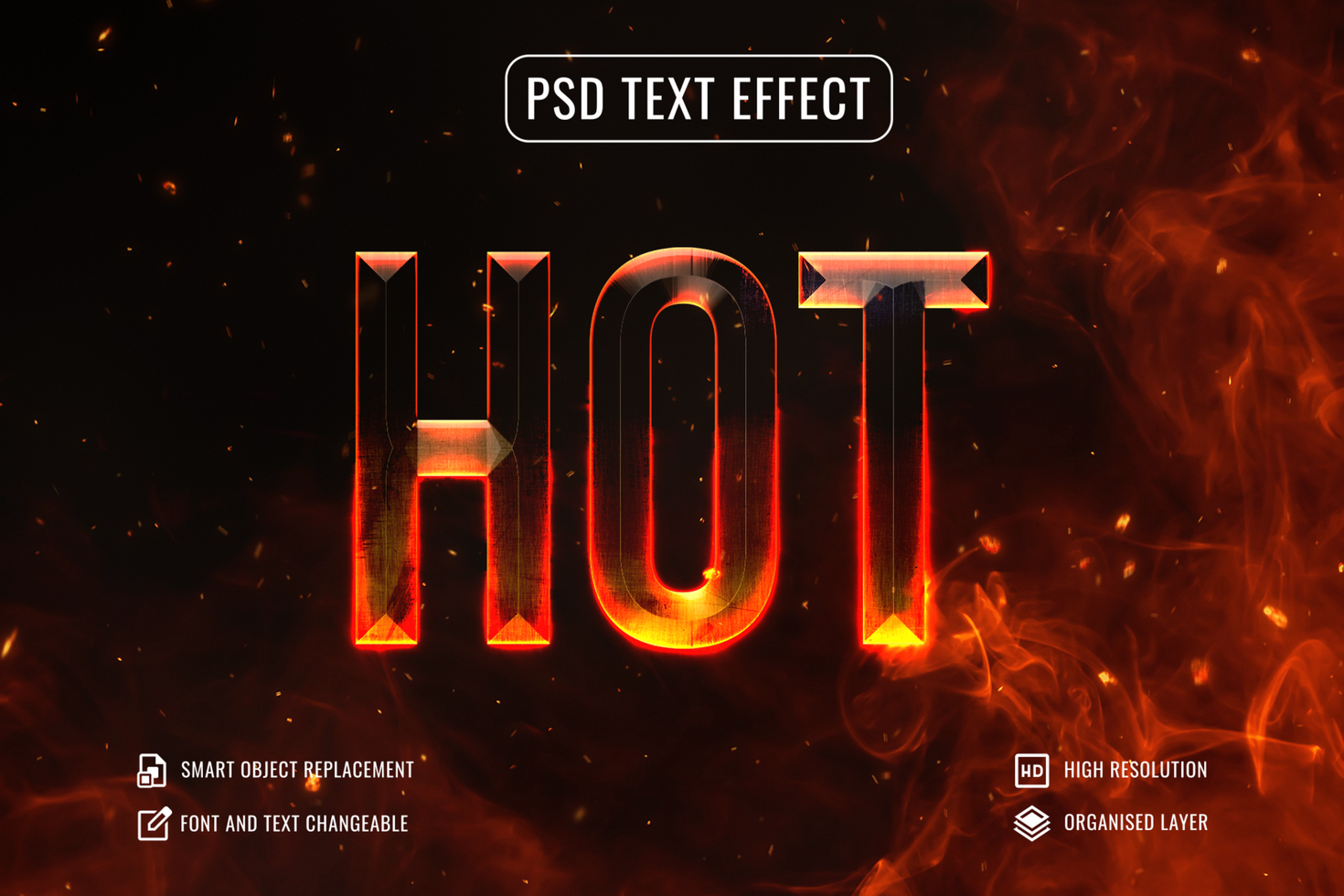 hot metal iron text effect with flames in background psd