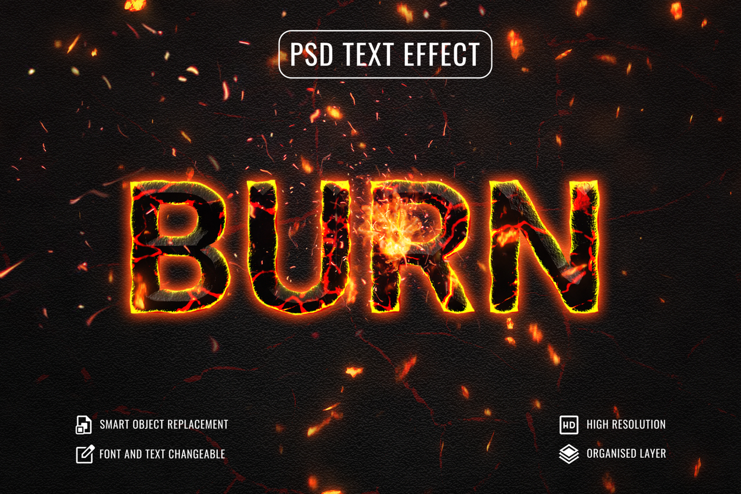 burn text effect with fire spark in background psd