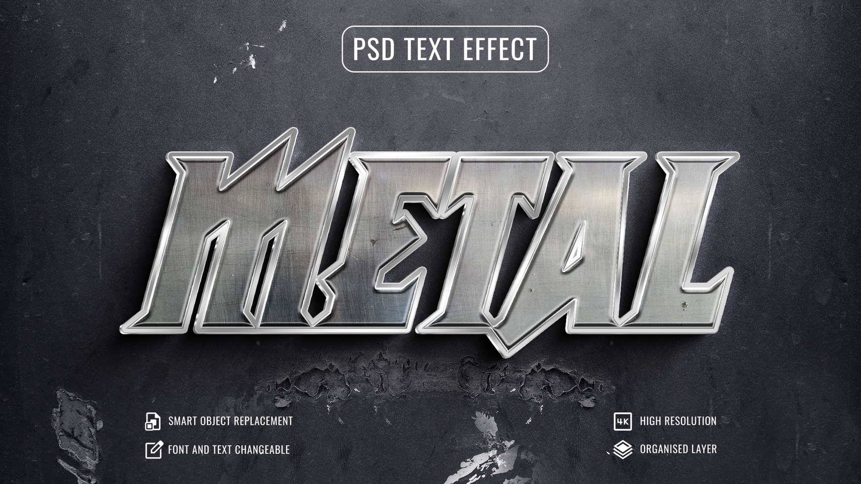 metal text effect with a black background psd