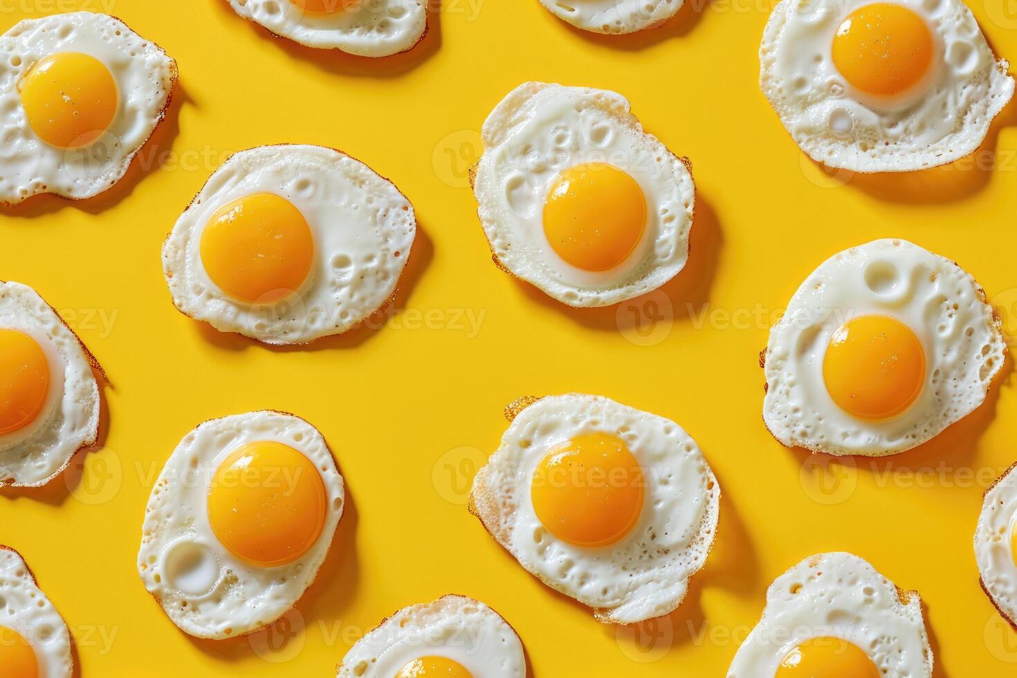 AI generated Creative art collage. Pattern of fried eggs on yellow background. photo