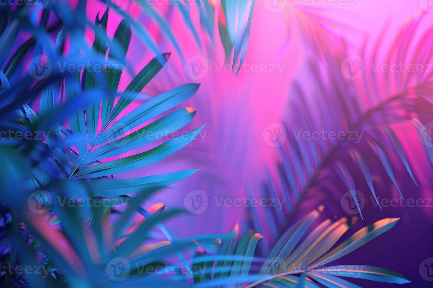 AI generated Vibrant tropical leaves in holographic neon colors. Surreal concept. photo