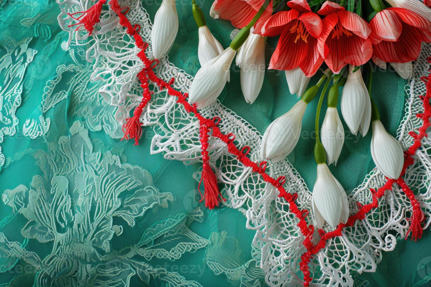 AI generated March 1 Holiday Postcard with Snowdrops and Lace photo