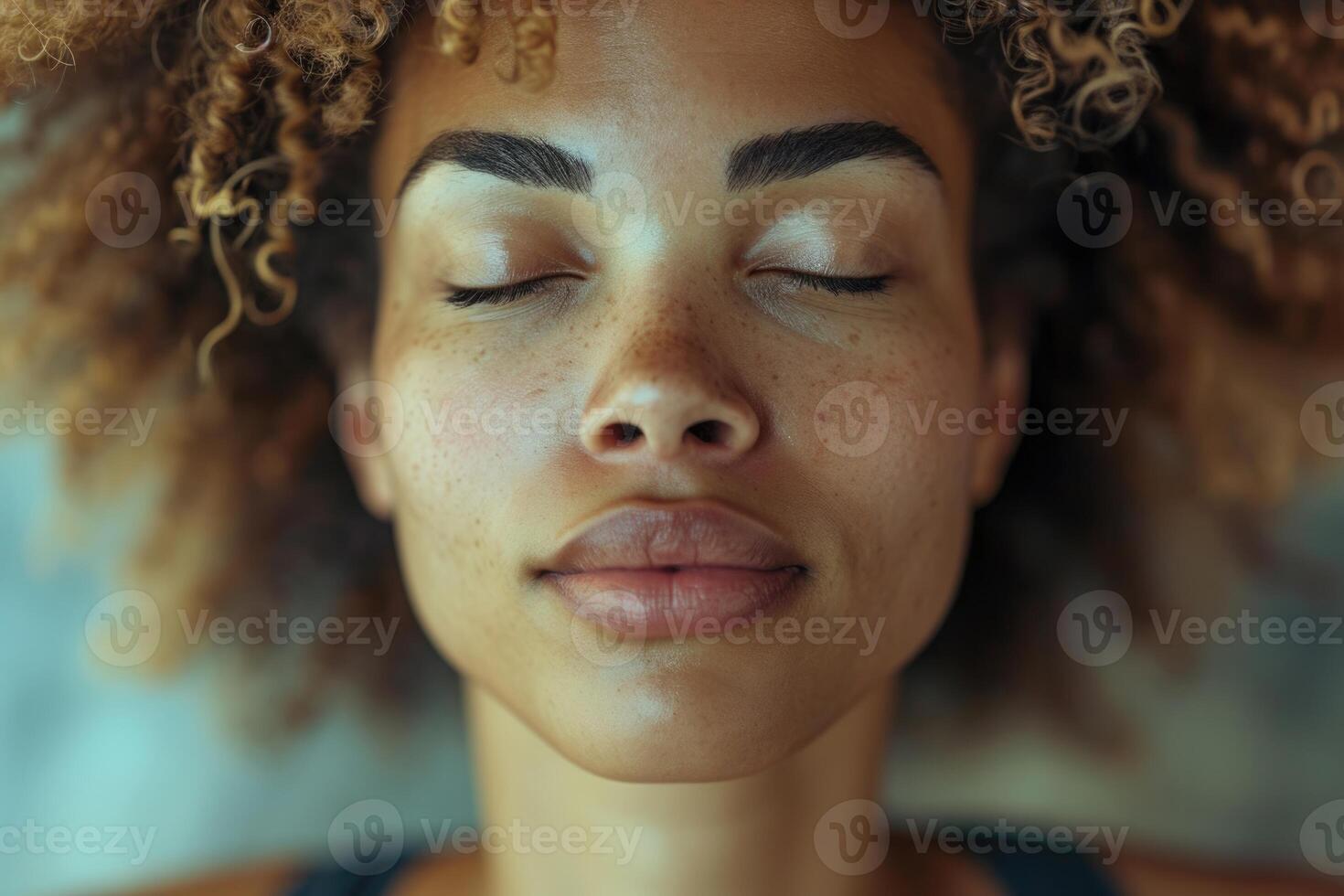 AI generated Young African American woman meditating after yoga. photo