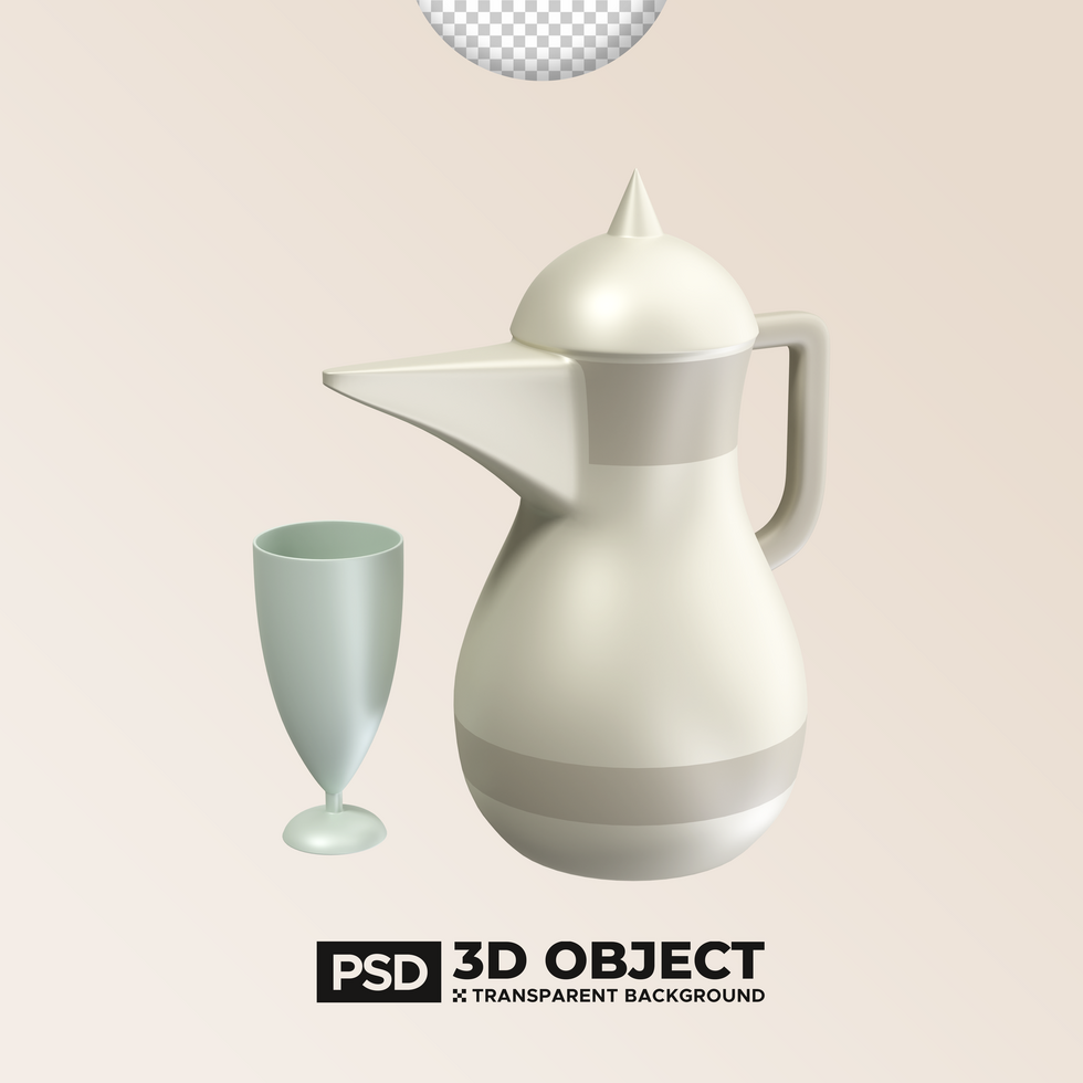 Drinking Glasses or Cup and Teapot PSD 3D Element of Ramadan or Ramadhan Icon. Happy Eid Mubarak Illustration