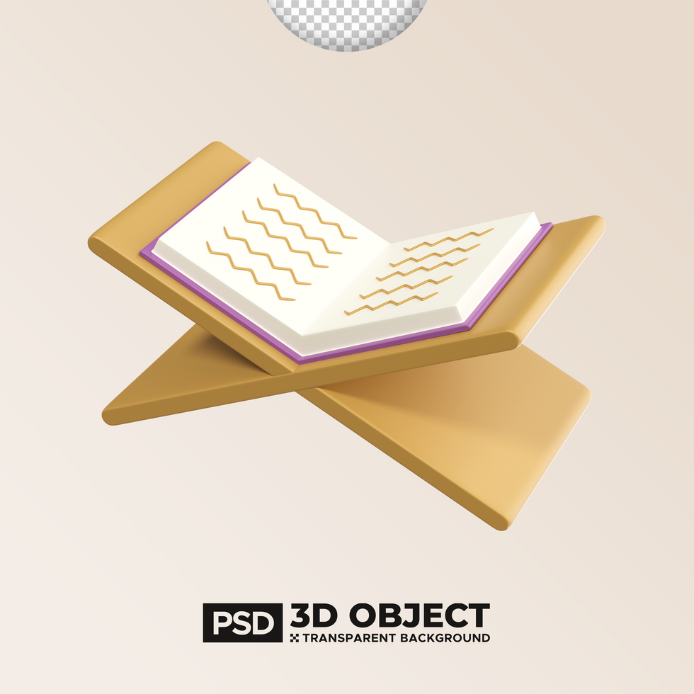 Al Quran Book PSD 3D Element of Ramadan or Ramadhan Icon. Happy Eid Mubarak Illustration