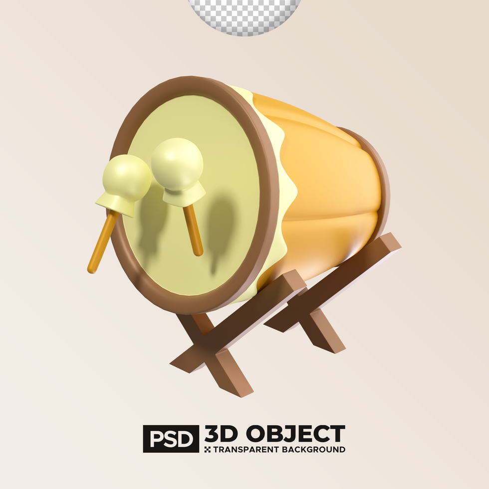 Bedug or Islamic Drum PSD 3D Element of Ramadan or Ramadhan Icon. Happy Eid Mubarak Illustration