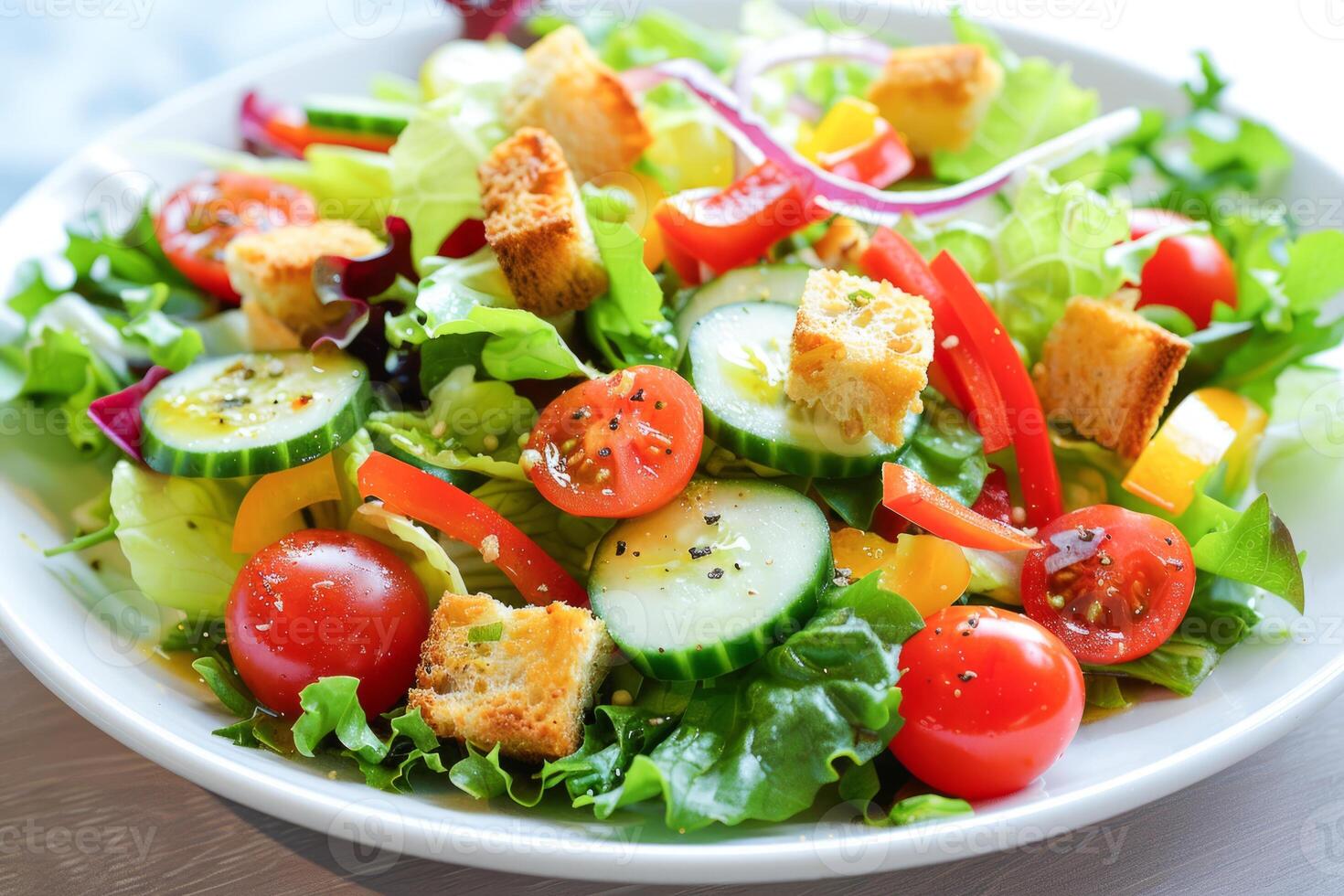 AI generated Fresh Garden Salad With Croutons Served on a White Plate in a Casual Dining Setting photo