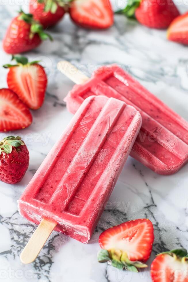 AI generated Homemade Strawberry Popsicles on a Marble Countertop During Summer photo