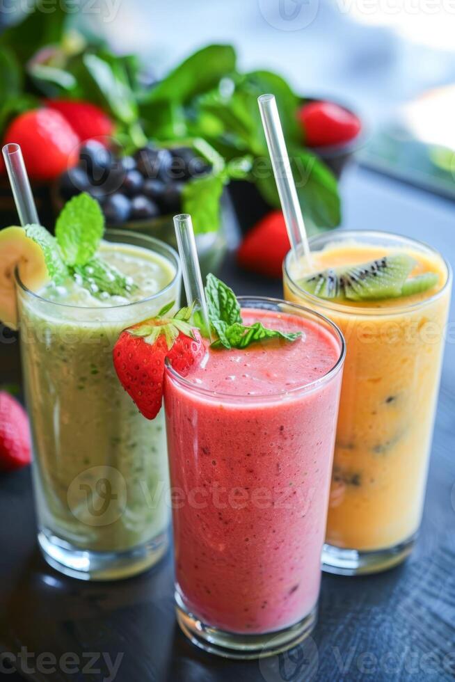 AI generated Trio of Fresh Fruit Smoothies Served on a Wooden Table at Daytime photo