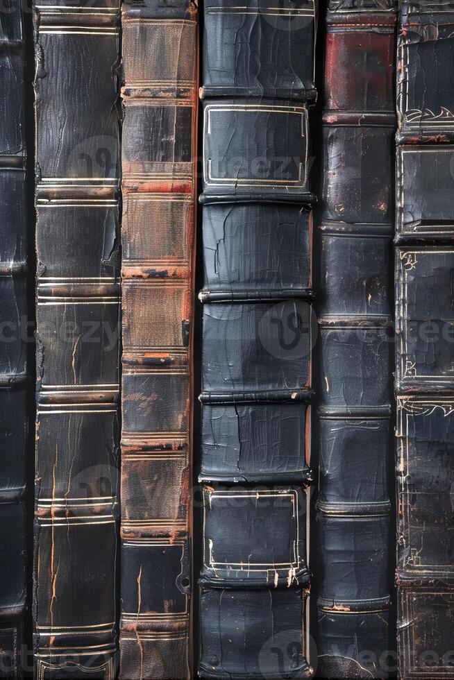 AI generated Antique Leather-Bound Books Lined Up on a Wooden Library Shelf photo