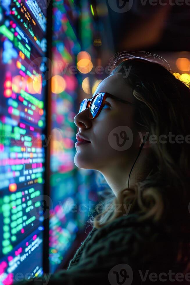 AI generated Young Female Software Engineer Engages in Late-Night Coding Session at High-Tech Office photo