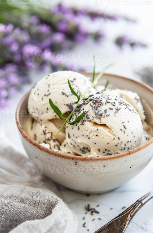 AI generated Lavender-Infused Vanilla Ice Cream in a Rustic Bowl With Fresh Sprigs photo