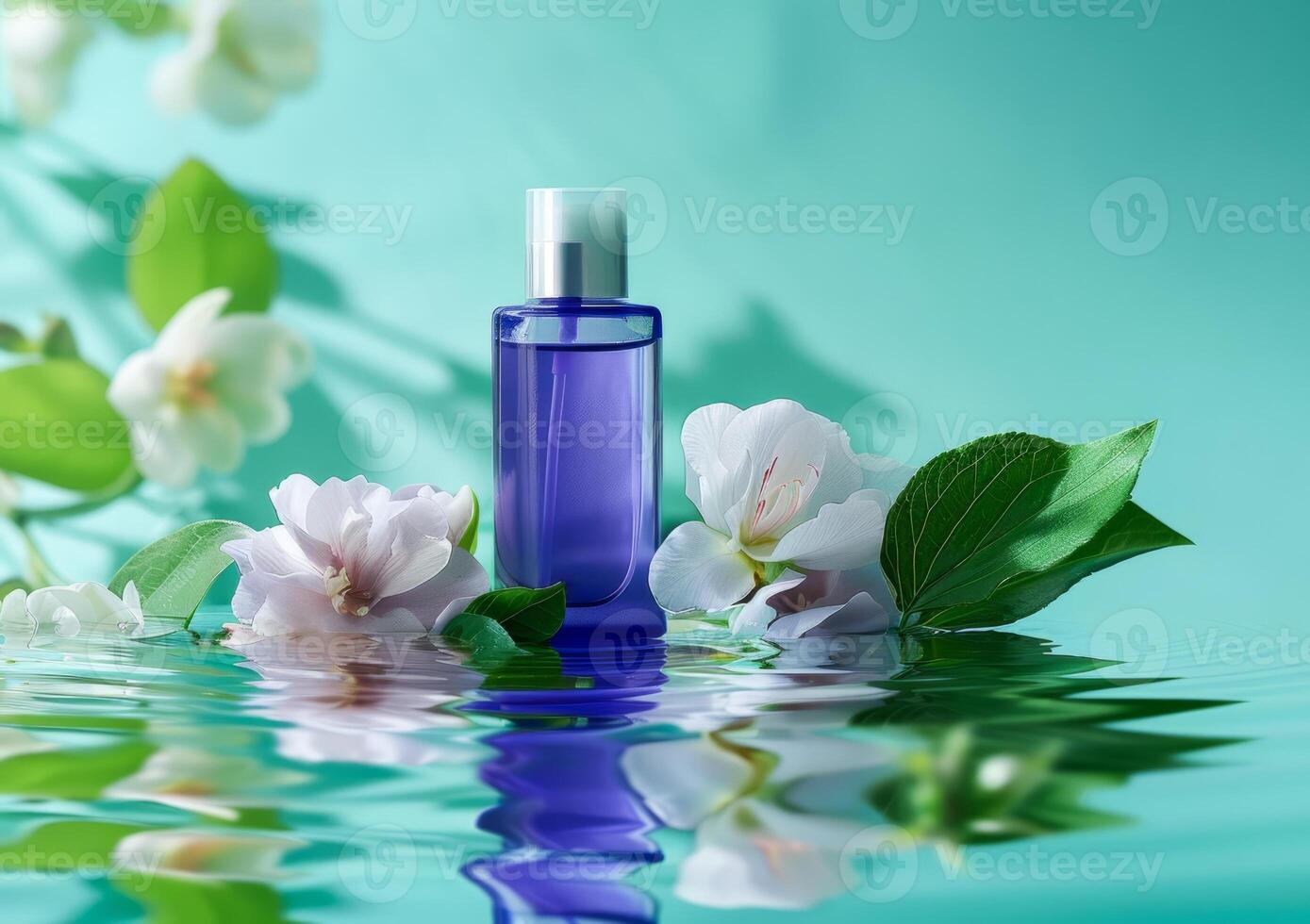 AI generated Serene Spa Setting With Blue Glass Bottle and White Blossoms on Water Surface photo