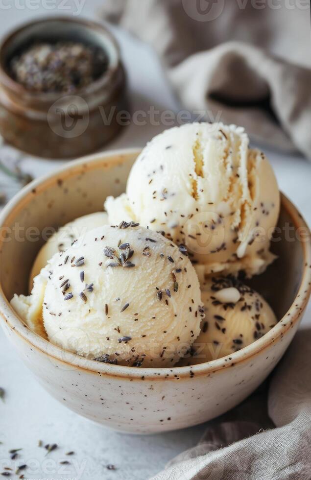 AI generated Lavender-Infused Vanilla Ice Cream in a Rustic Bowl With Fresh Sprigs photo