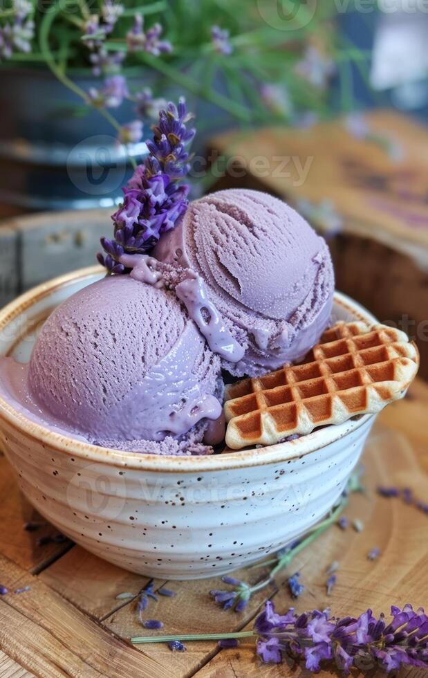 AI generated Lavender-Infused Vanilla Ice Cream in a Rustic Bowl With Fresh Sprigs photo