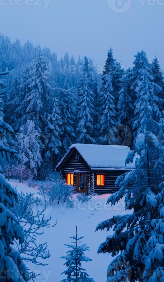 AI generated Twilight Serenity at a Snow-Covered Cabin in a Winter Forest photo