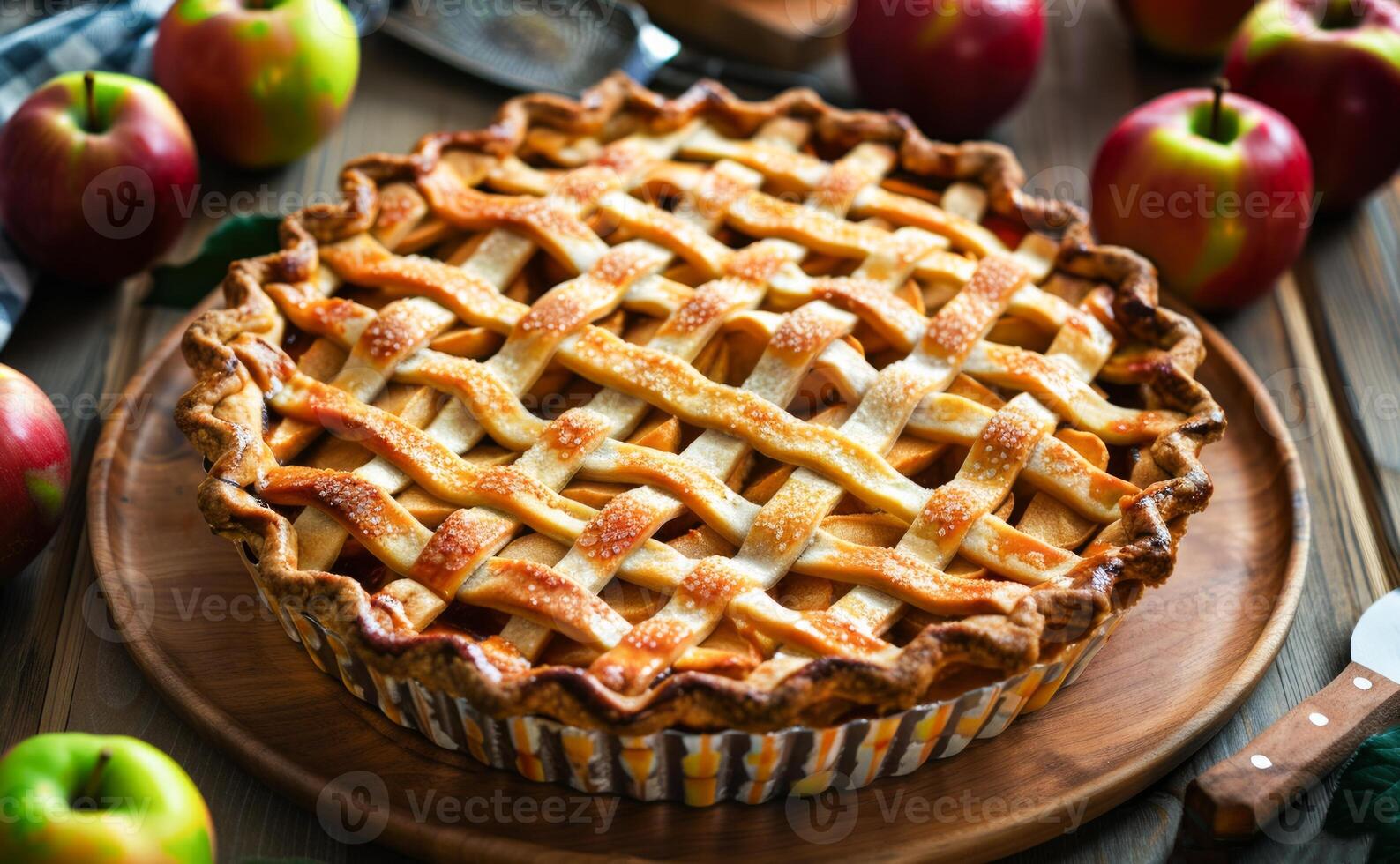 AI generated Freshly Baked Apple Pie With Golden Brown Lattice Crust on Wooden Table photo