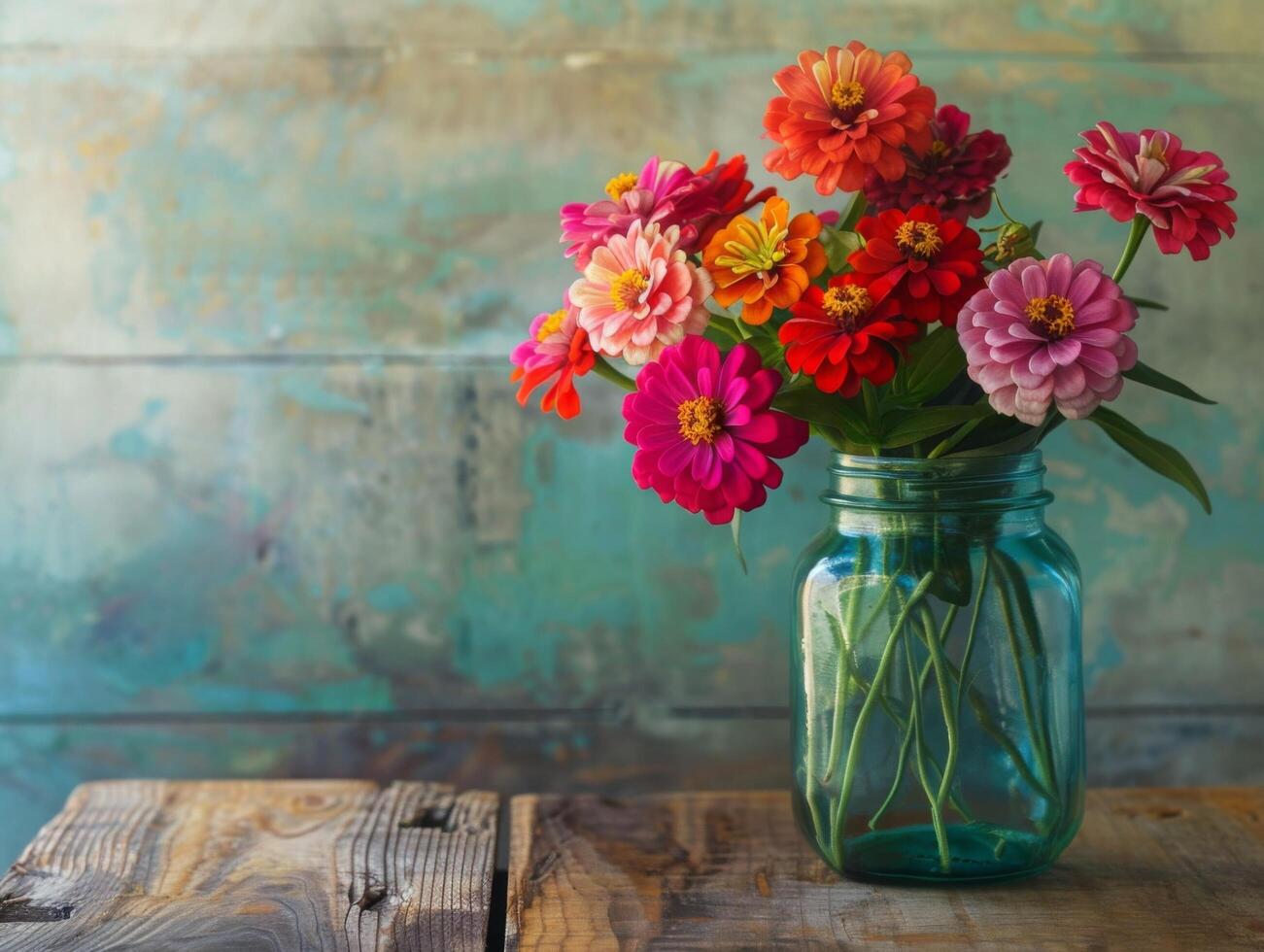 ai generado vistoso zinnias en masón tarro foto