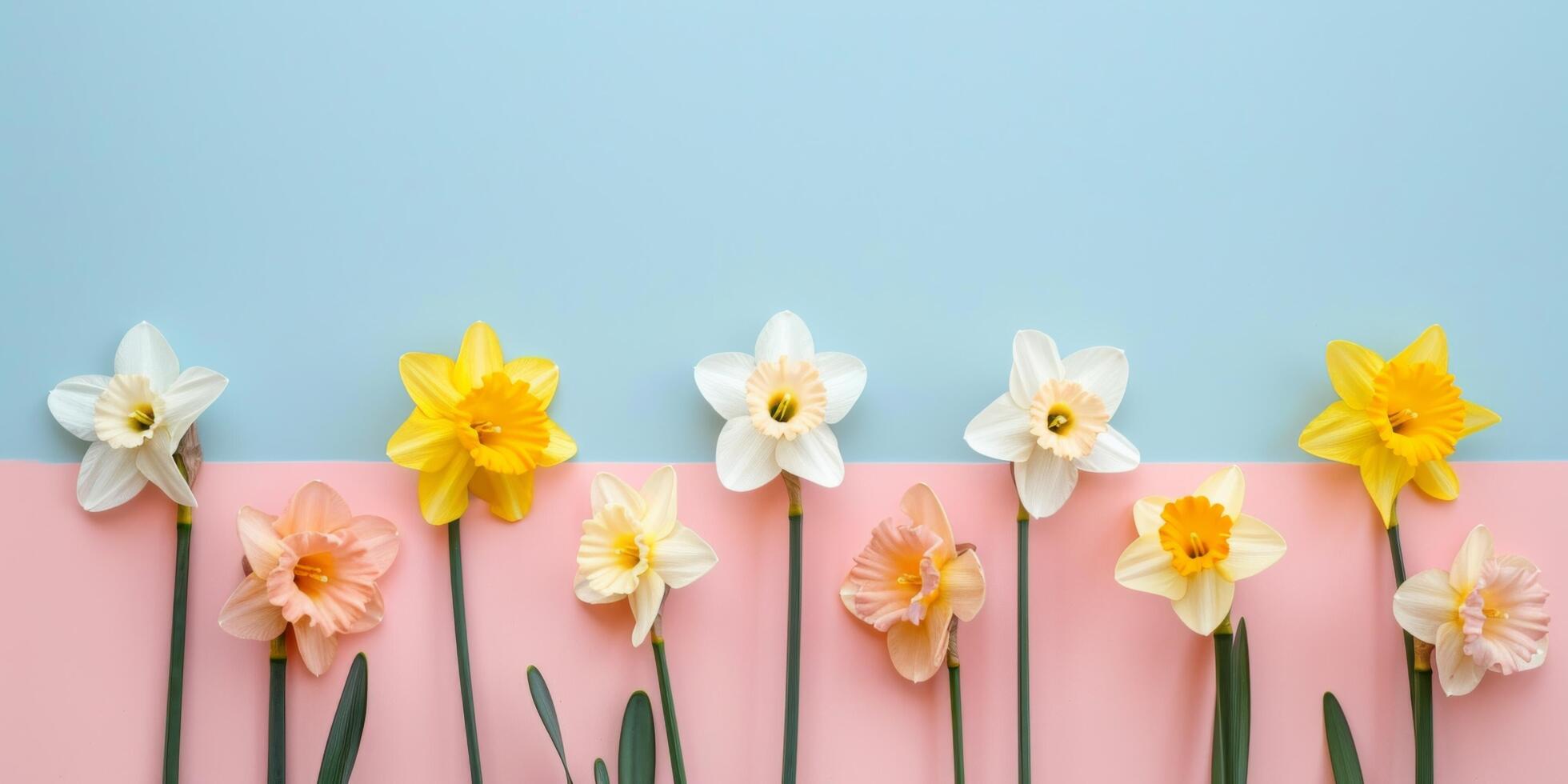 AI generated Assorted Daffodils On Pastel Backdrop photo