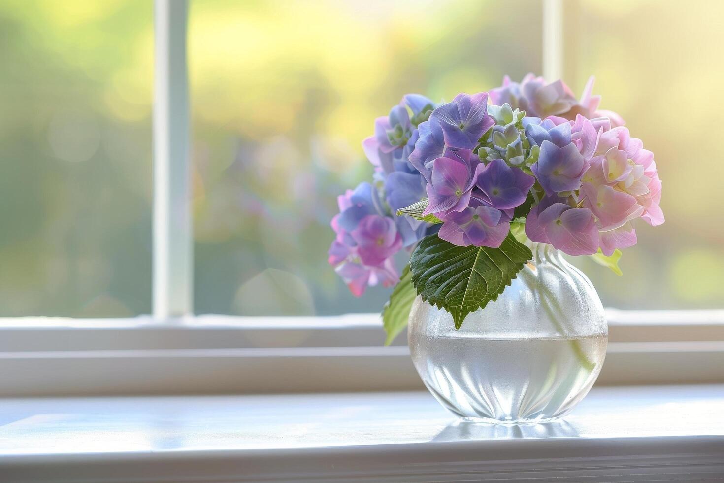 AI generated Hydrangeas in Sunlit Glass Vase photo