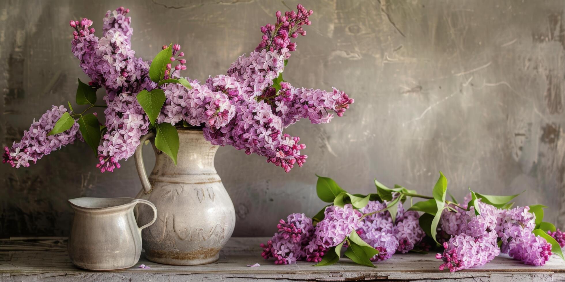 AI generated Lilacs in Rustic Vase Still Life photo