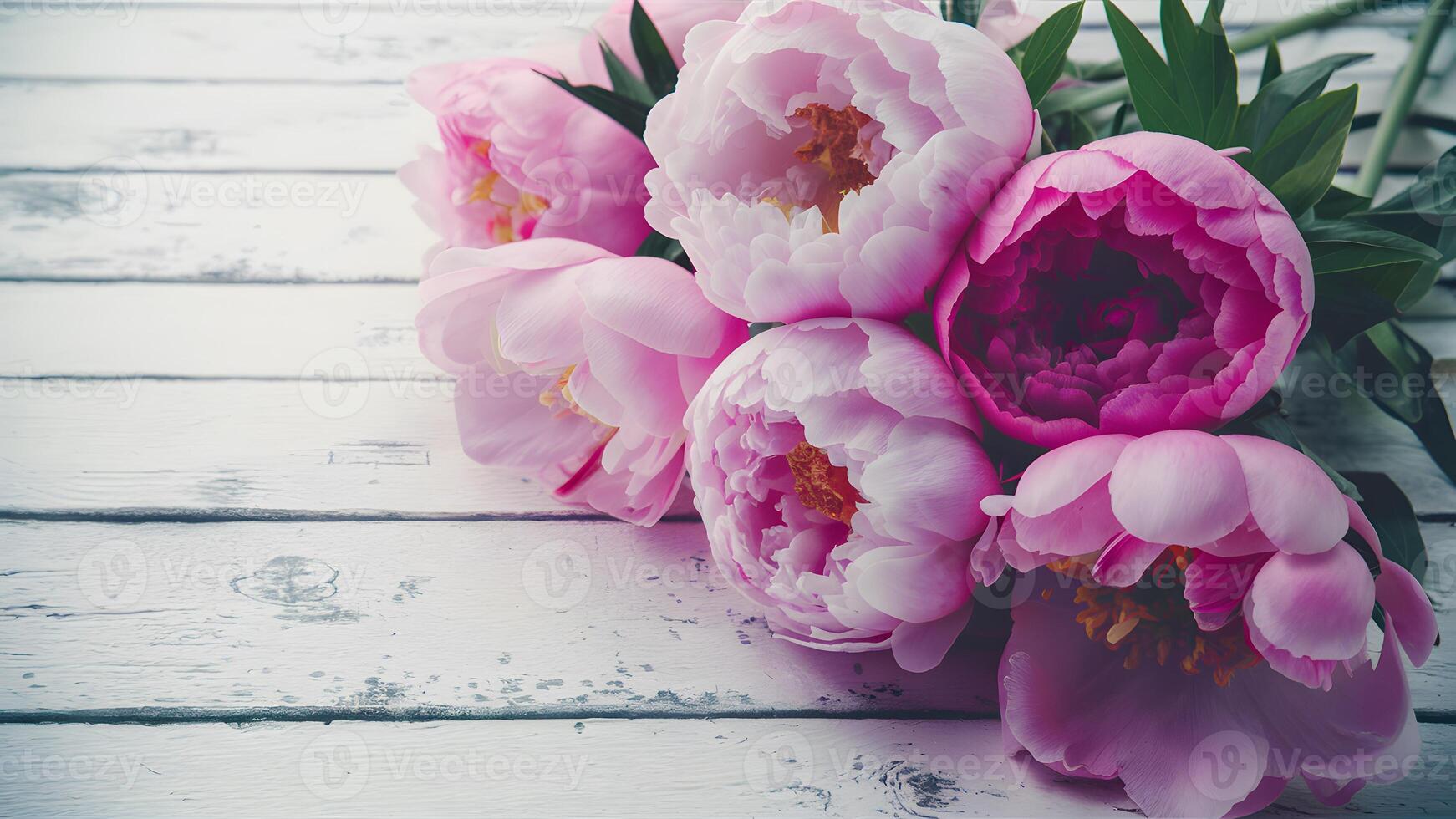 AI generated Pic Stunning pink peonies on white rustic wooden background, vintage haze photo