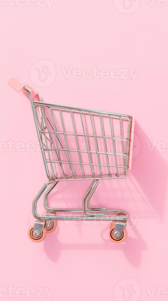 AI generated Toy supermarket grocery push cart with wheels on pink background Vertical Mobile Wallpaper photo