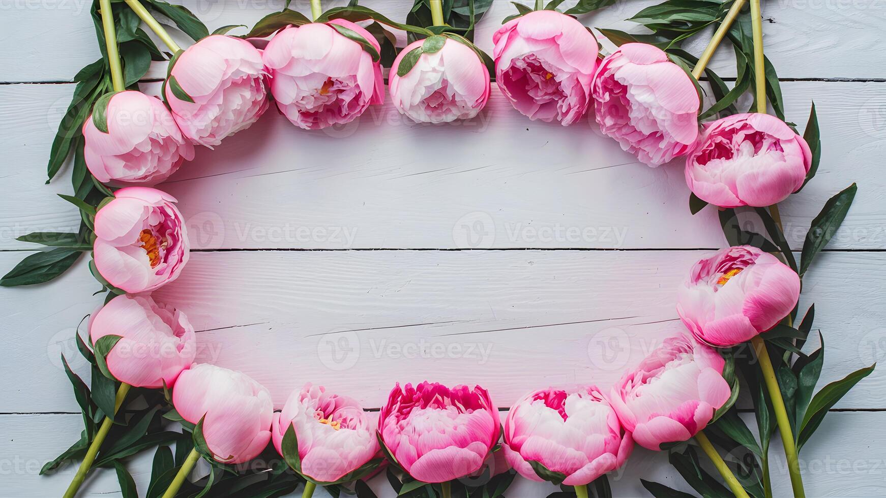 AI generated Frame Stunning pink peonies arranged on white rustic wooden background photo