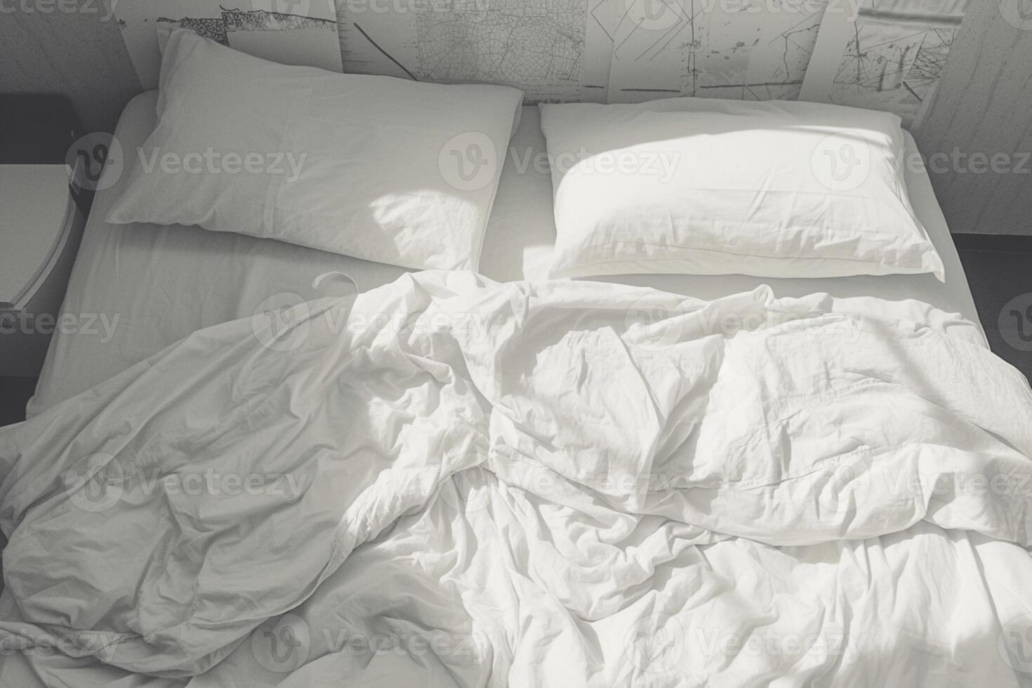 AI generated Cozy chaos Messy white bedding sheets and pillows, black and white photo