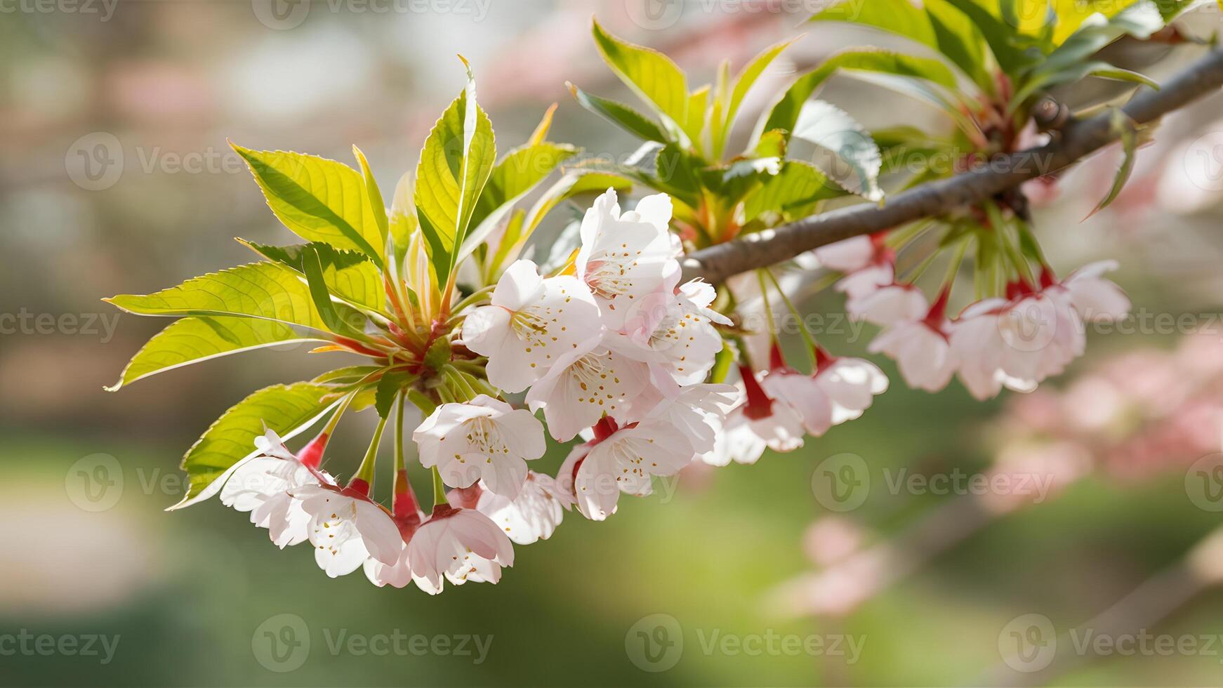 AI generated Cherry blossom in spring nature background, green leaves, bokeh photo