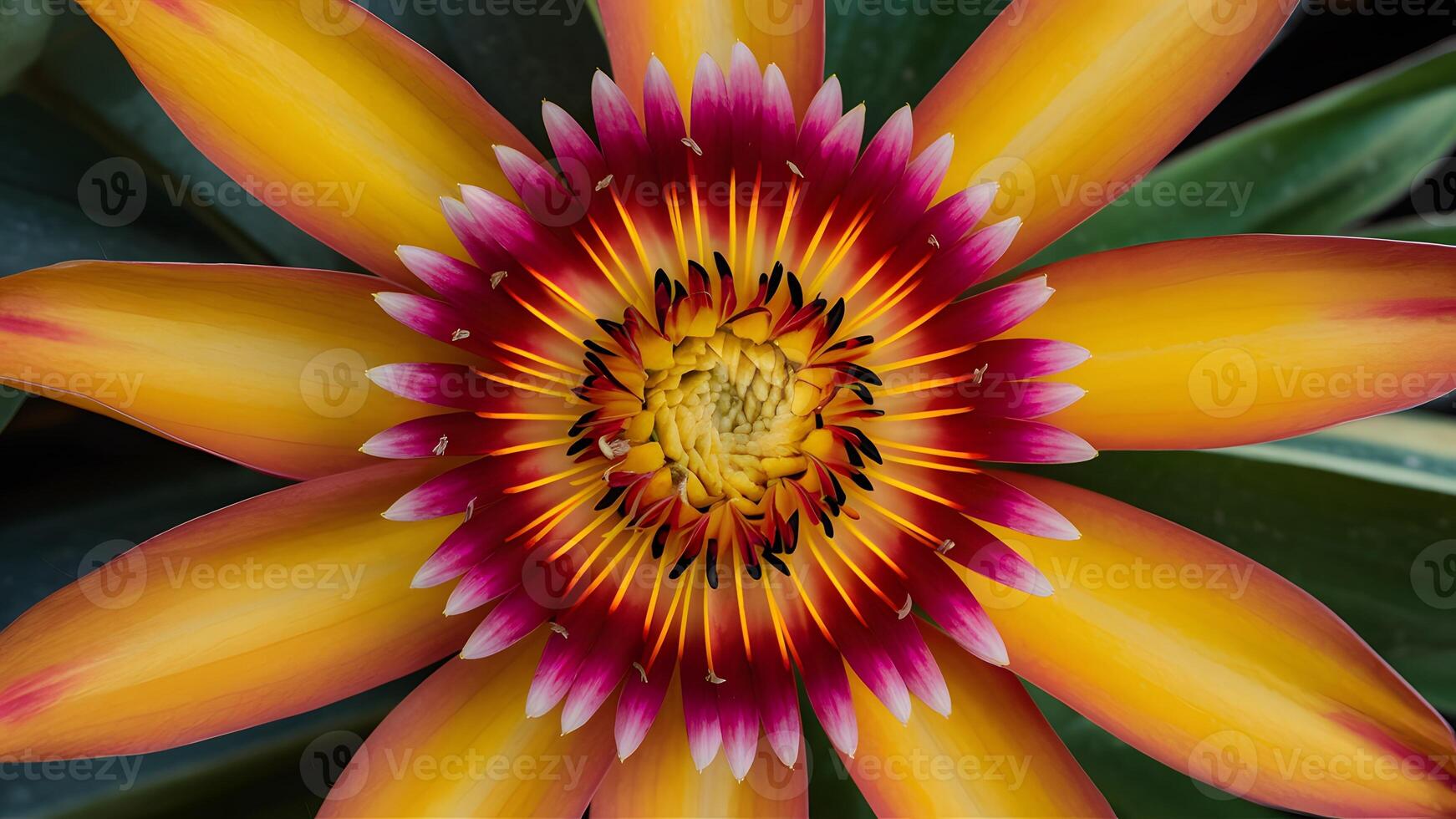 AI generated Vibrantly colored tropical flower close up with yellow orange leaves photo