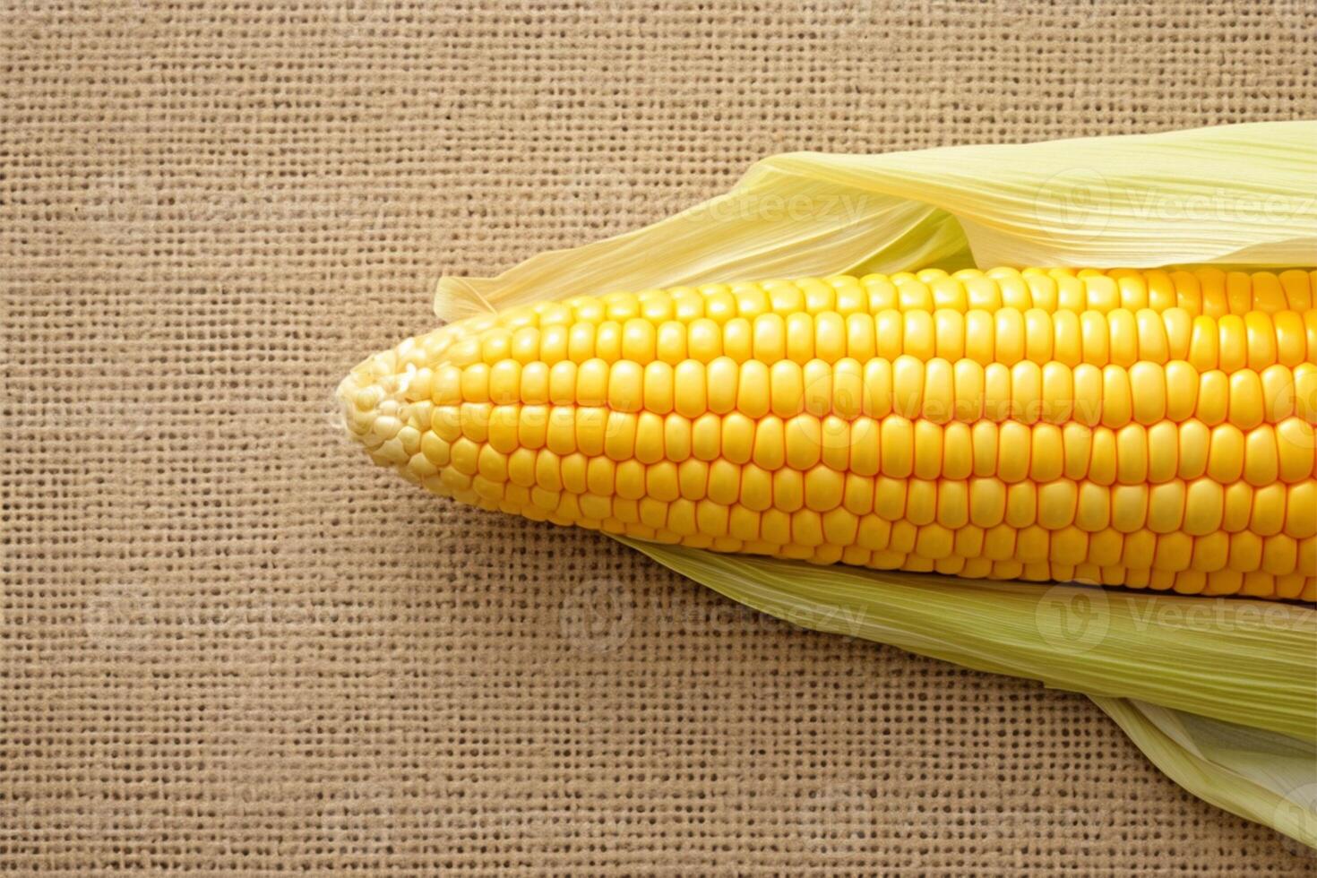 AI generated Isolated corn cob on textured brown sackcloth background, side view photo