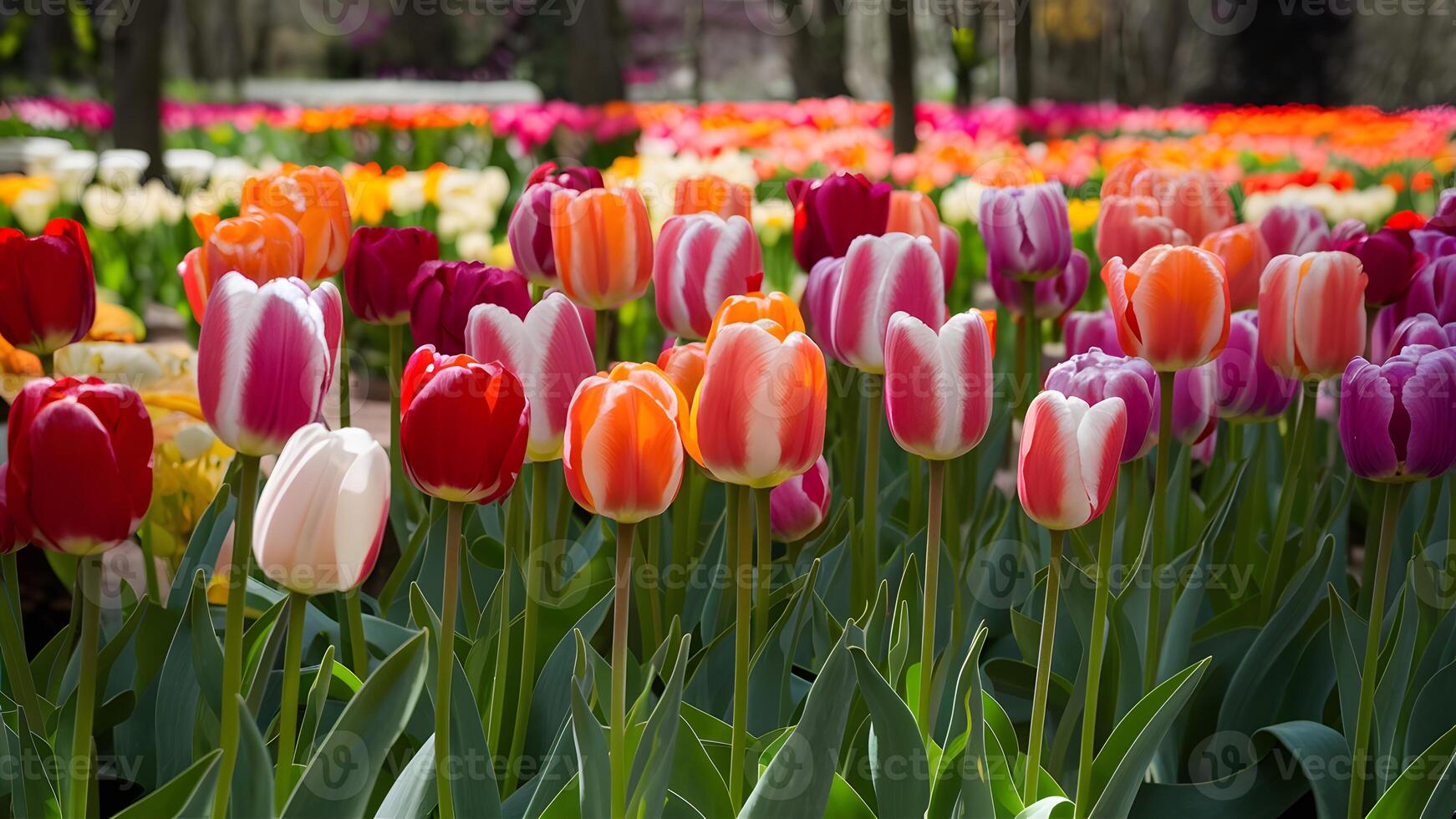 ai generado floreciente vistoso tulipanes cama de flores en público jardín, lisa, Países Bajos foto