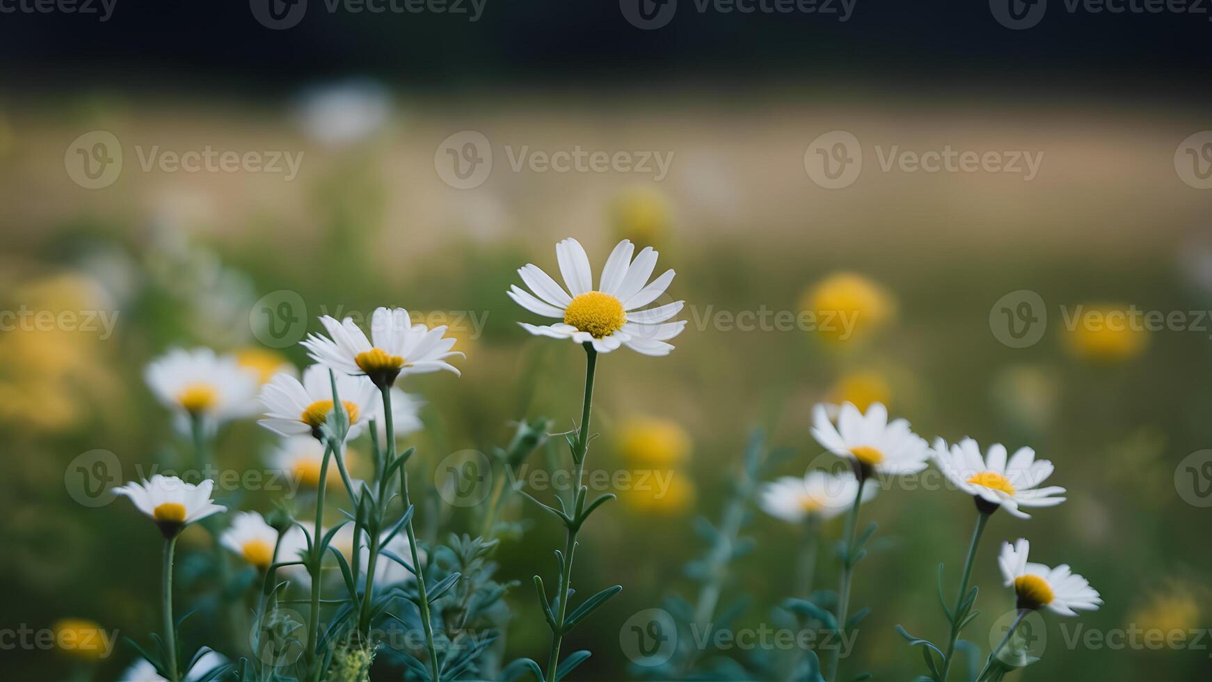 AI generated Camomile meadow abstract blurred background, shallow focus toned photo