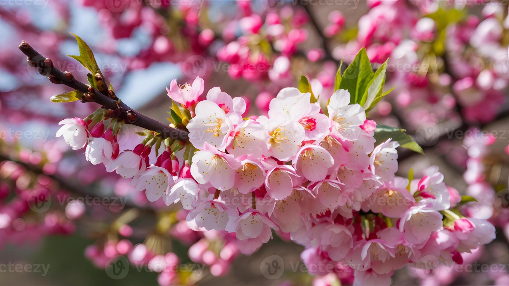 AI generated Plum blossom branches with pink flowers celebrate the arrival of spring photo