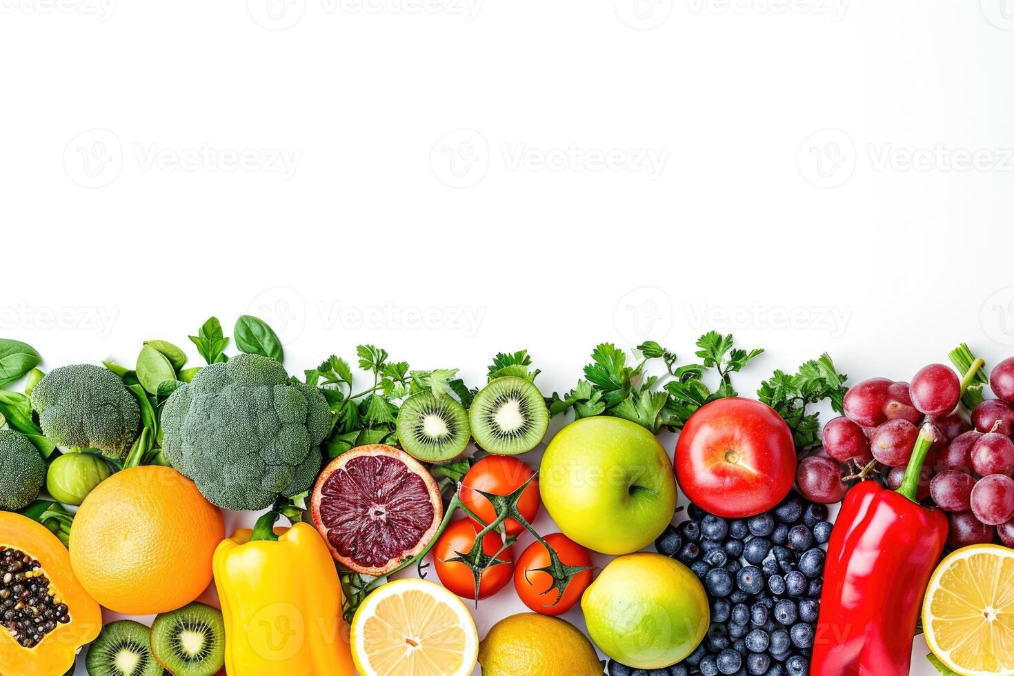 AI generated Wide collage of fresh fruits and vegetables for layout isolated on white background. Copy space photo