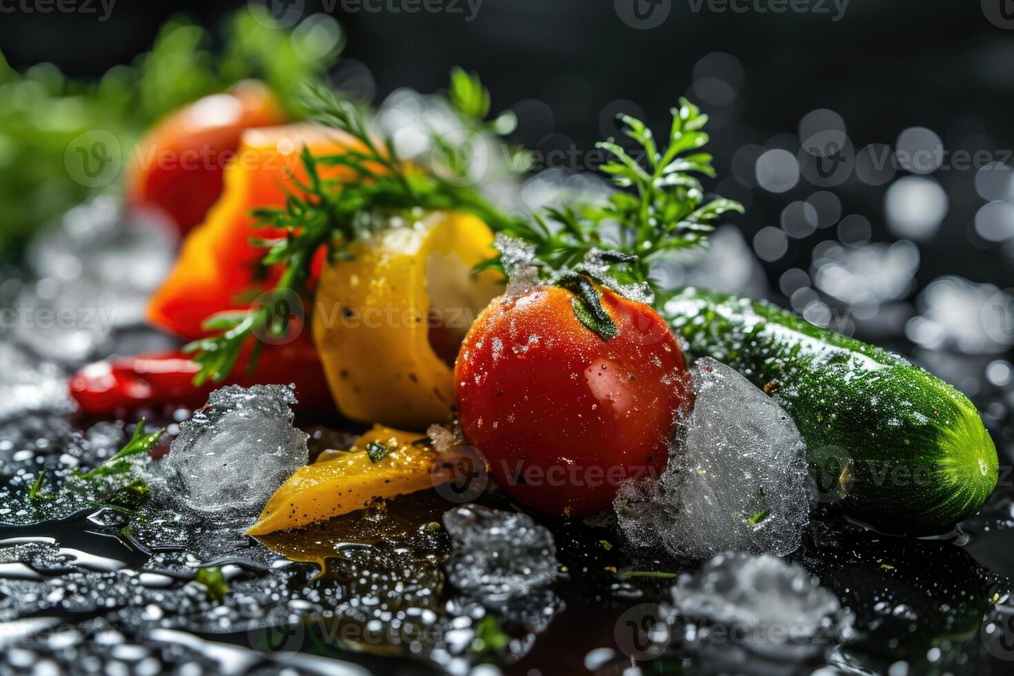 AI generated Frozen fresh cut vegetables on black background. photo