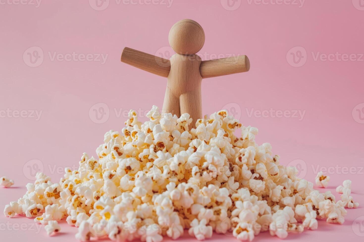 AI generated Wooden brown toy in shape of human jumping in cooked appetizing heap of popcorn on pink background photo